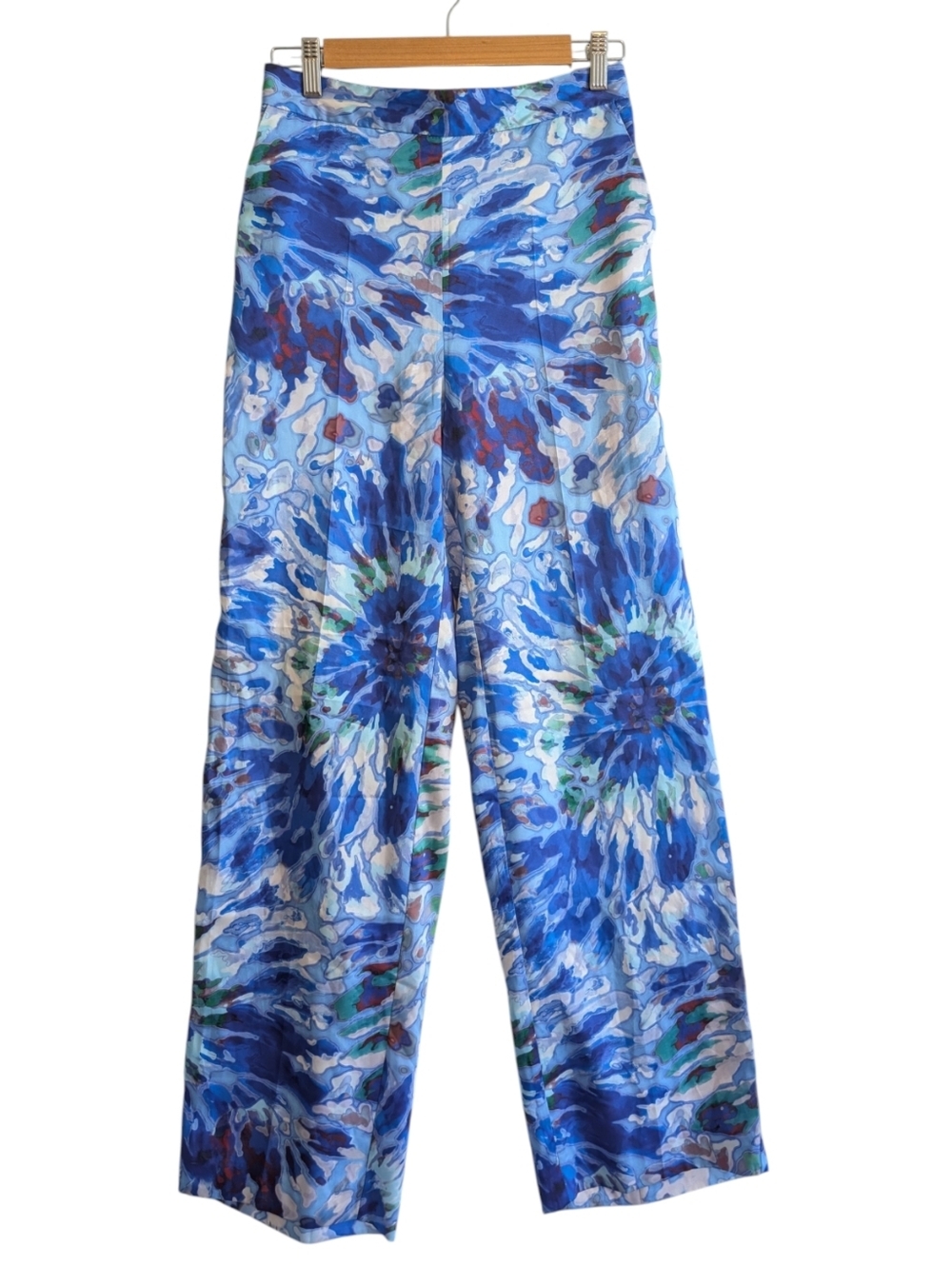Zara Wide Leg Pants Colorful Blue Marble Floral Summer Artsy Sz Sm